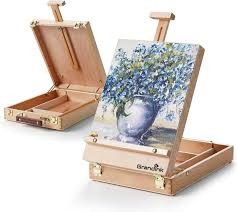 Grandink Wood Tabletop Sketch-Box Easel closed with carrying handle, showcasing the portable art studio and storage box.