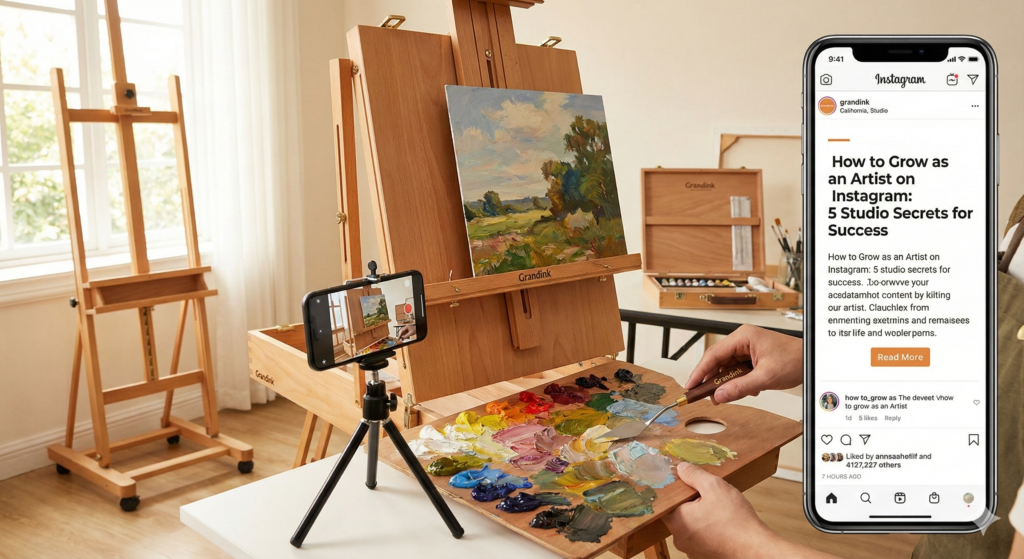Grandink Professional H-Frame Floor Easel on wheels holding multiple paintings in a bright, classical art studio.