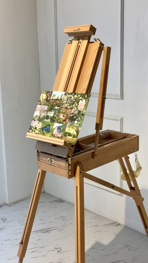 Grandink French Tripod Easel made of beechwood with a portable sketchbox drawer and telescoping legs for plein air painting.