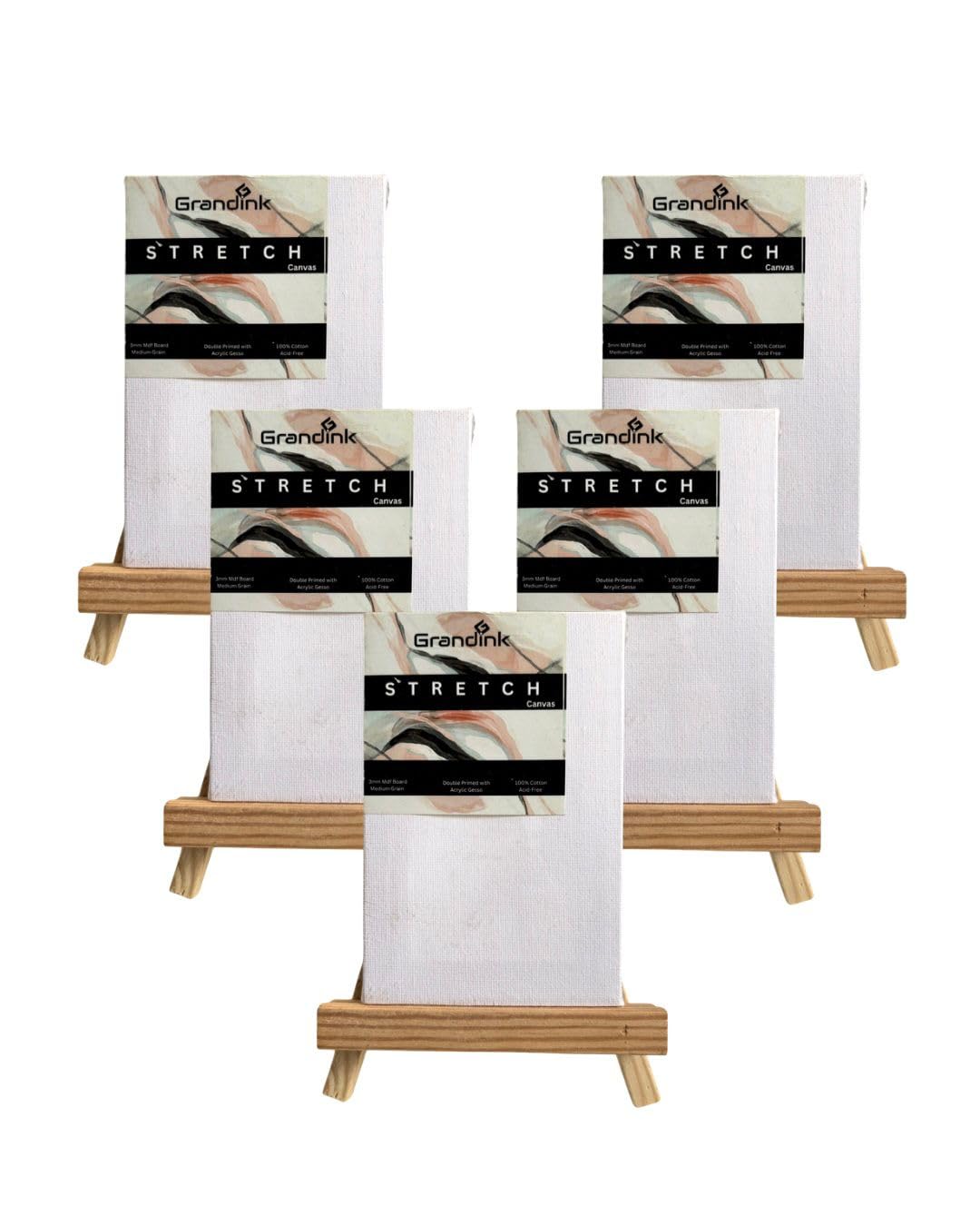Grandink 8-Inch Mini Wooden Easel with Screw & 6 X 4 Inch Stretched Canvas Set (Pack of 5)